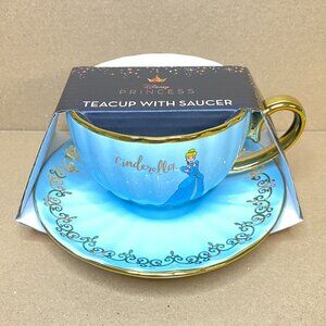 Disney Princess Cinderella Teacup with Saucer Set Gold Trim Blue Scallop English